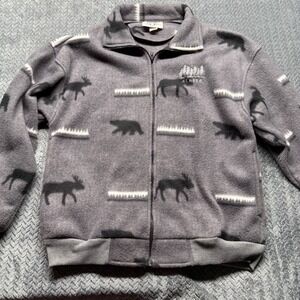 VTG Arctic Image Alaska Fleece Jacket Men's‎ L Gray Moose Bear Full Zip Y2K